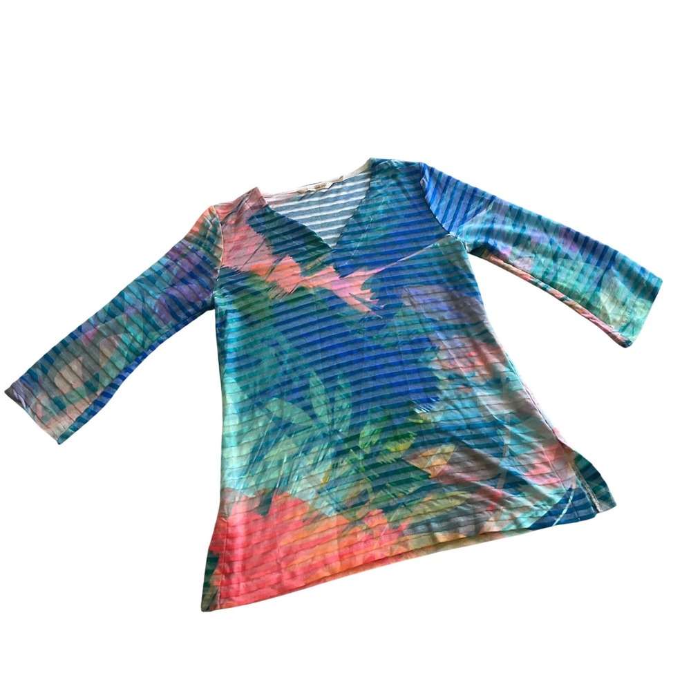 Soft Surroundings Top Womens Medium Blue Floral Striped 3/4 Sleeve V-Neck 2DJ35